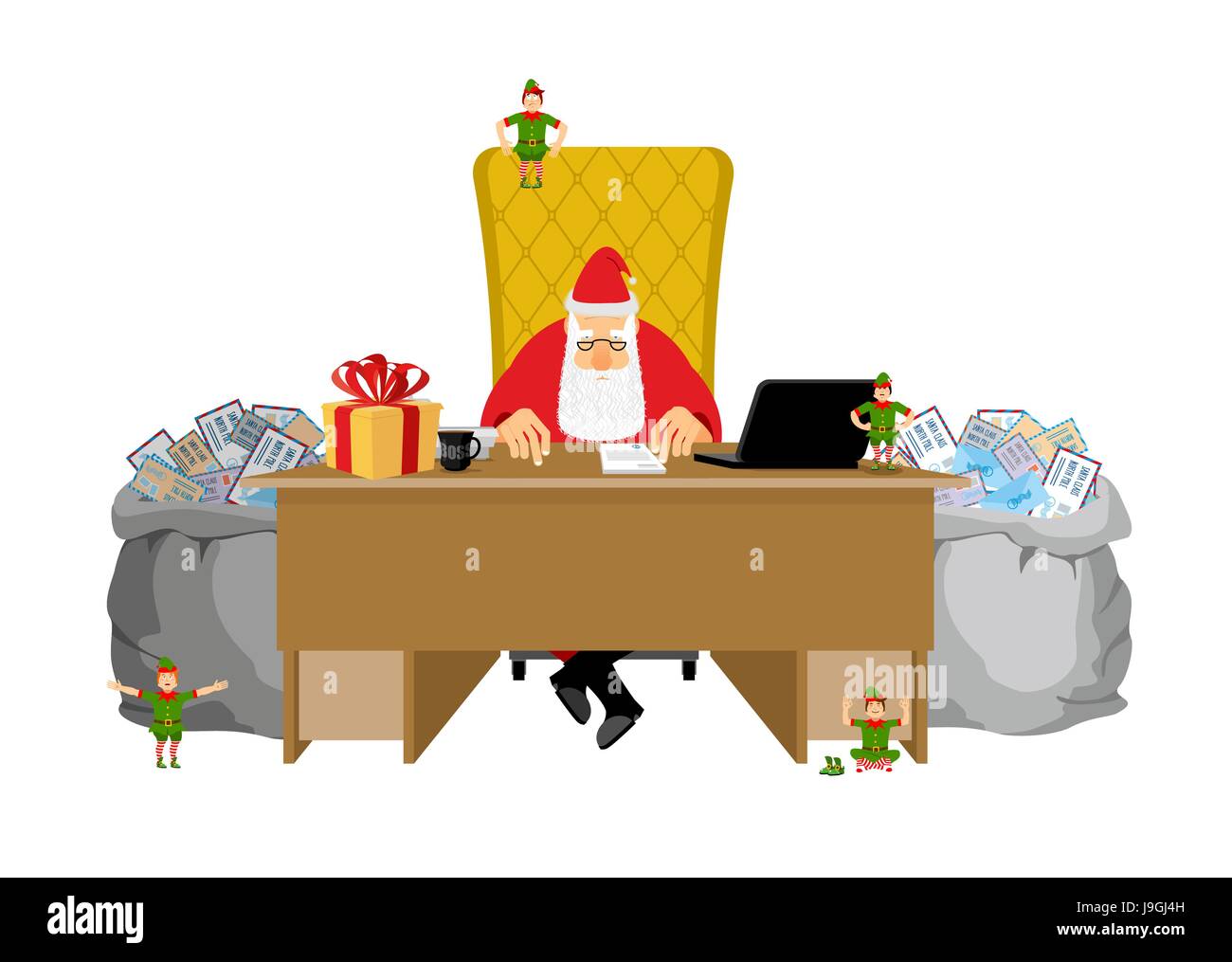 Travail du Père Noël. Lettres d'enfants. Grand sac d'enveloppes de courrier. Santas Bureau en Laponie. Lutin de Noël. Traitement des enfants correspondent Illustration de Vecteur