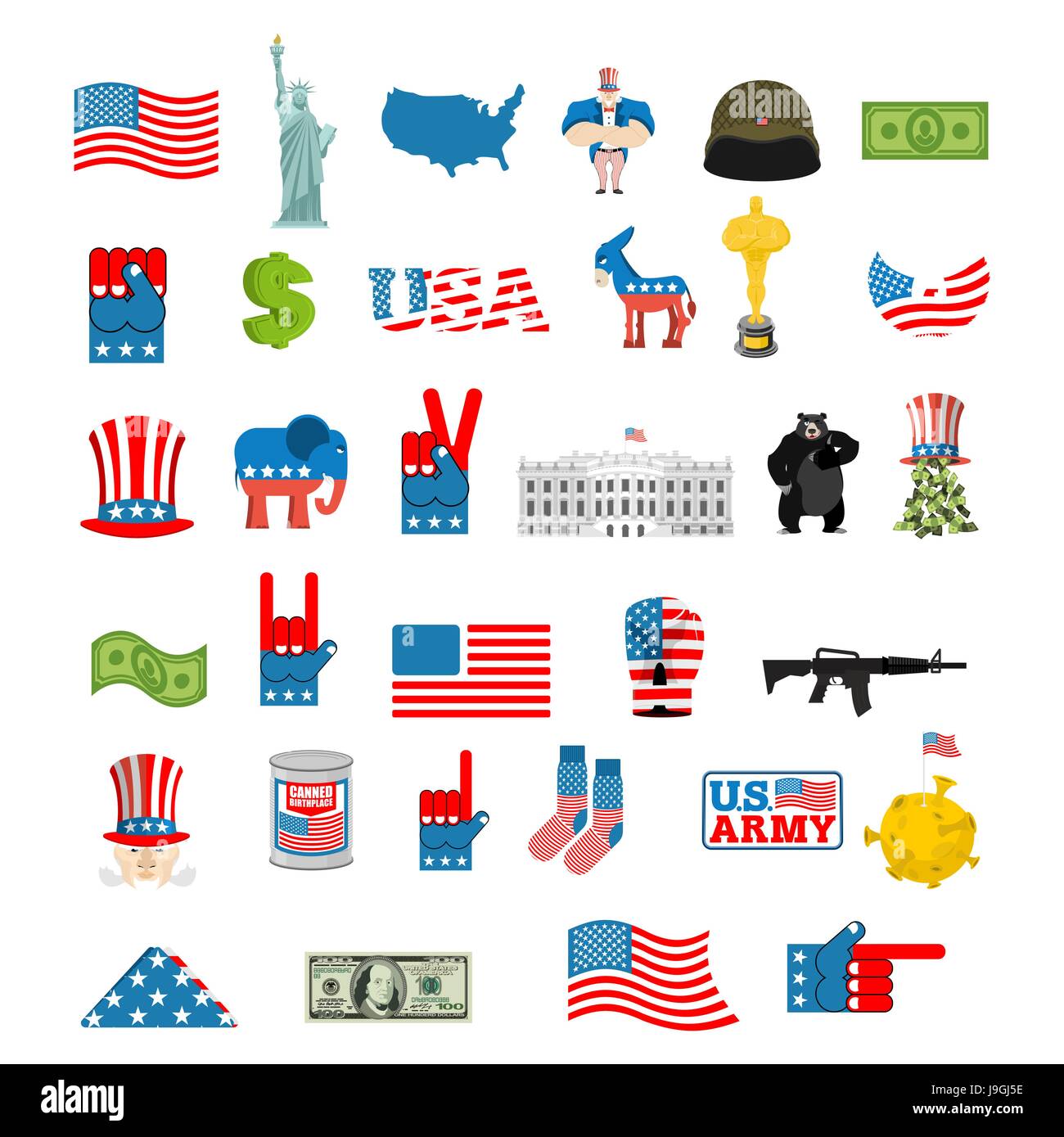 American icon set. Signe national d'Amérique. USA flag et Statue de la ...