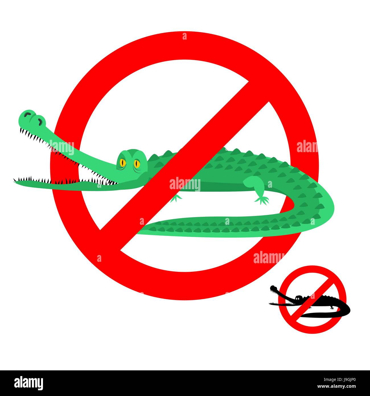 Arrêter crocodile. Alligator interdit. Caiman barré. Reptiles prédateurs contre l'emblème. Signe d'interdiction rouge. Amphibiens agressif sauvages interdiction Illustration de Vecteur