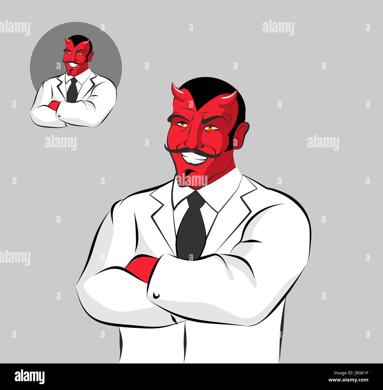 Docteur Devil. Satan avec des cornes dans les cabinets de manteau blanc.  Horrible monstre rouge avec moustache rit. L'enfer médecin. Démon en  vêtement blanc. Travailleur de la santé Image Vectorielle Stock -