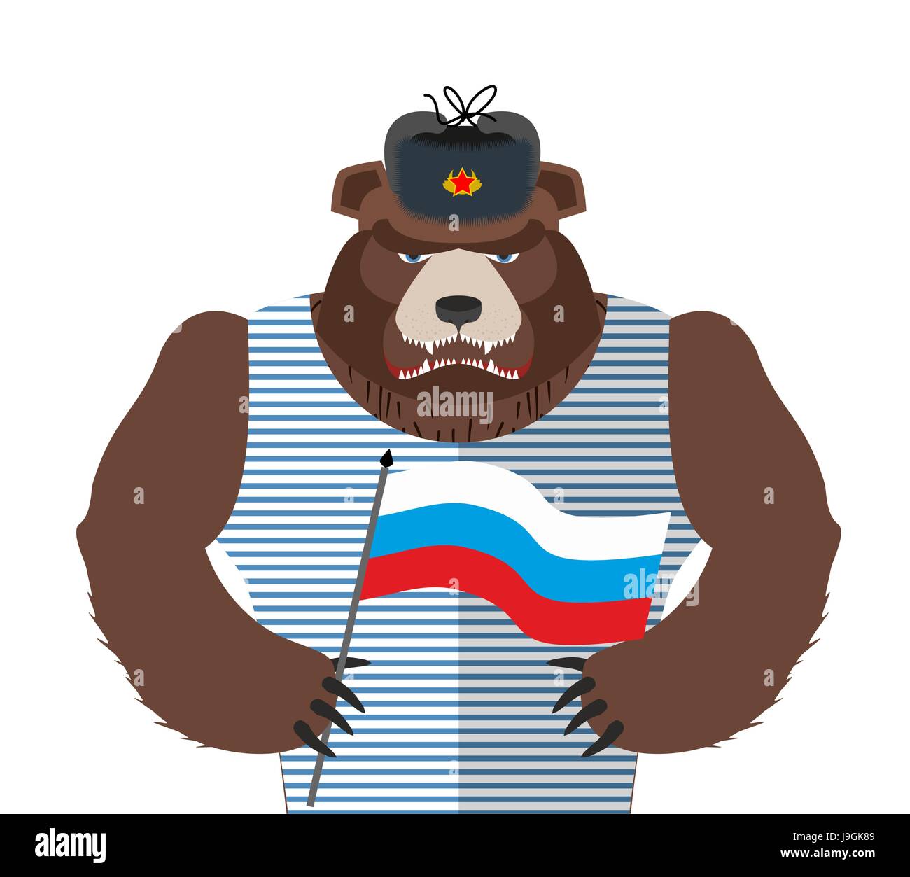 L'ours russe en colère maintenant drapeau russe. Bête patriot in fur hat et sont acquises. Animal sauvage dans des vêtements sur fond blanc Illustration de Vecteur