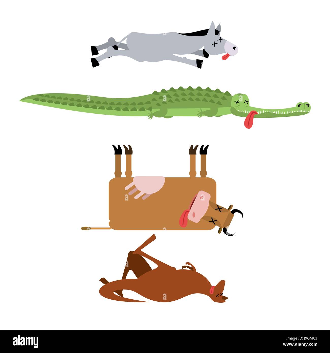 Les animaux morts 3. L'âne et le crocodile. Vache et kangaroo. animal est mort. Cadavre de bête Illustration de Vecteur