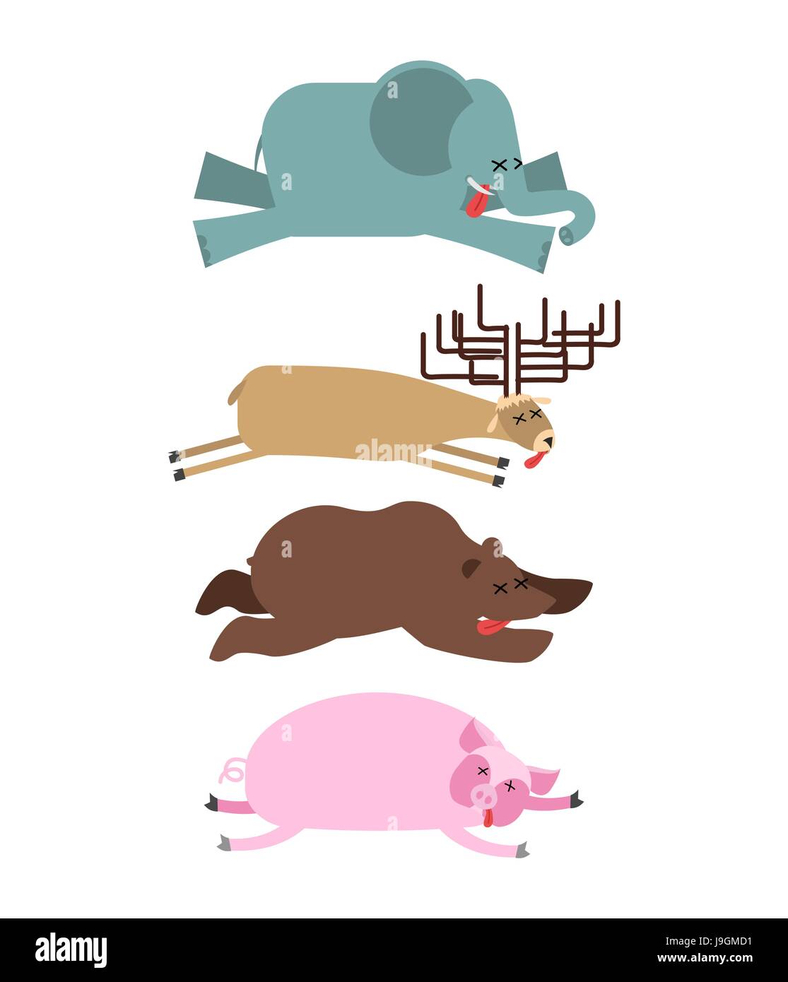 Les animaux morts set 2. L'éléphant et le cerf. L'ours et le cochon. L'animal est mort. Cadavre de bête Illustration de Vecteur