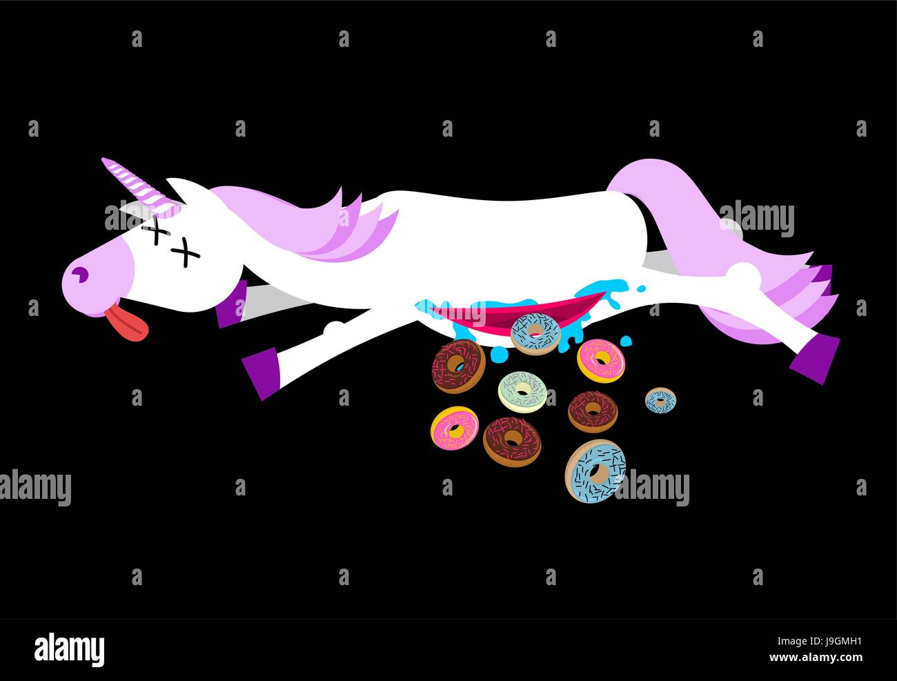 Unicorn Anatomie du ventre des intestins est tombé donut. Animal fantastique morte avec corne et beignet. Corpse est monstre mythique Illustration de Vecteur