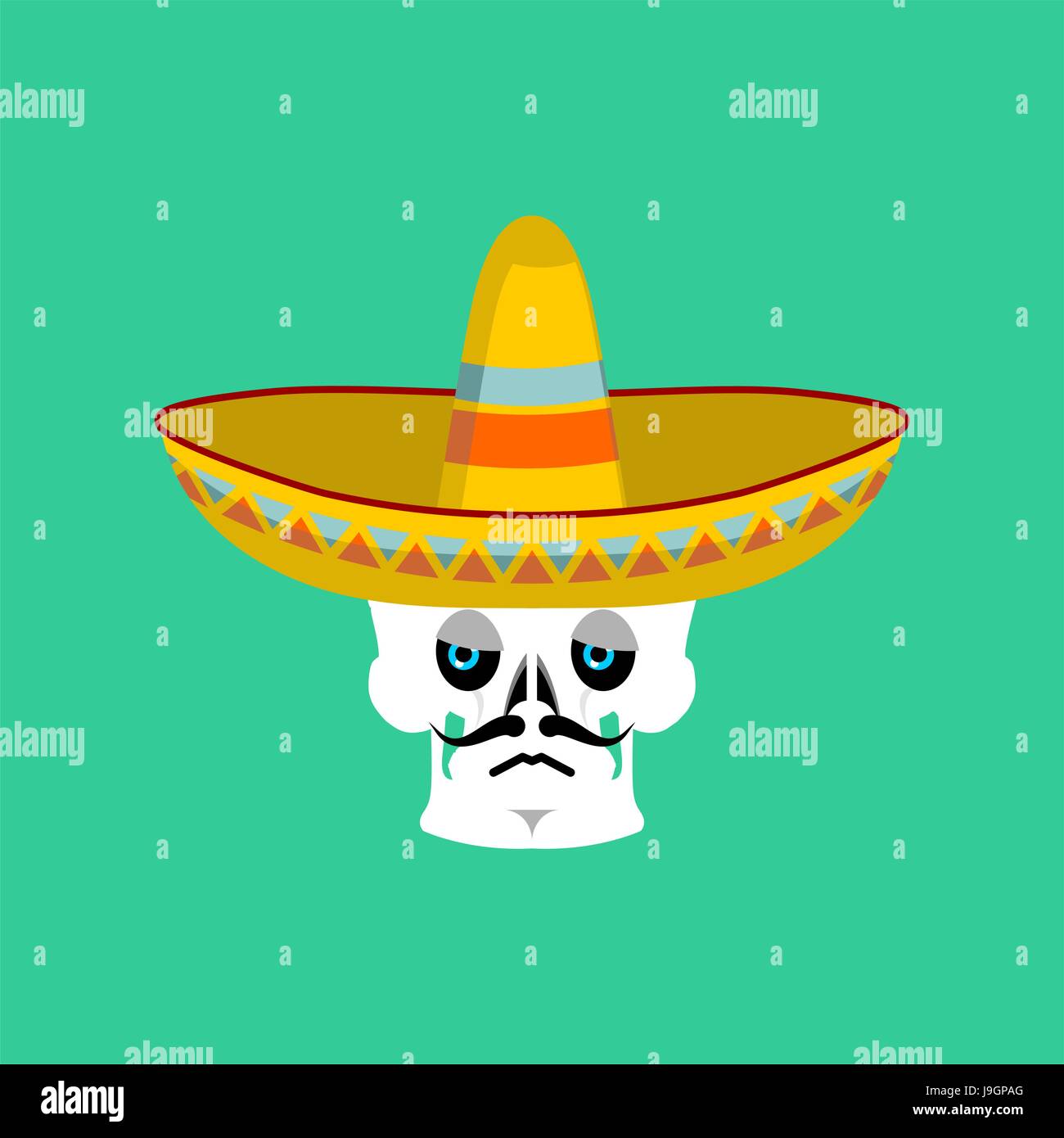 Crâne en sombrero Emoji triste. Squelette mexicain traditionnel de fête des morts. Illustration de Vecteur