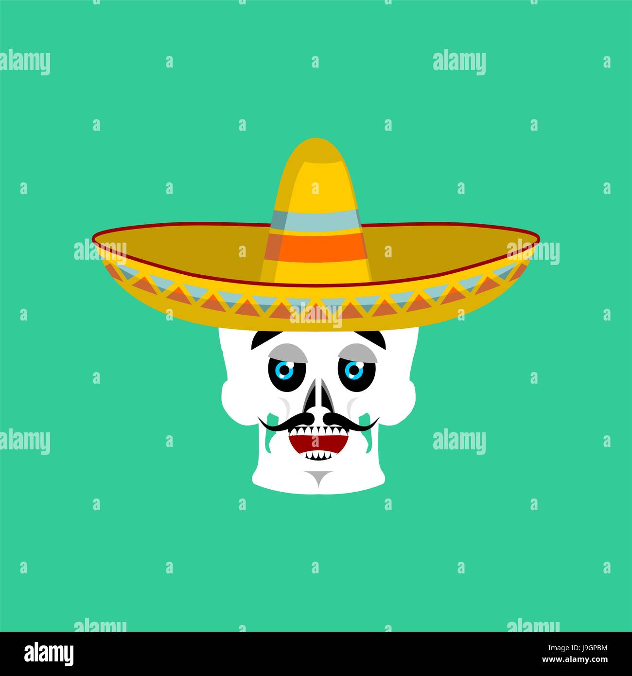 Crâne en sombrero Emoji heureux. Squelette mexicain traditionnel de fête des morts. Illustration de Vecteur