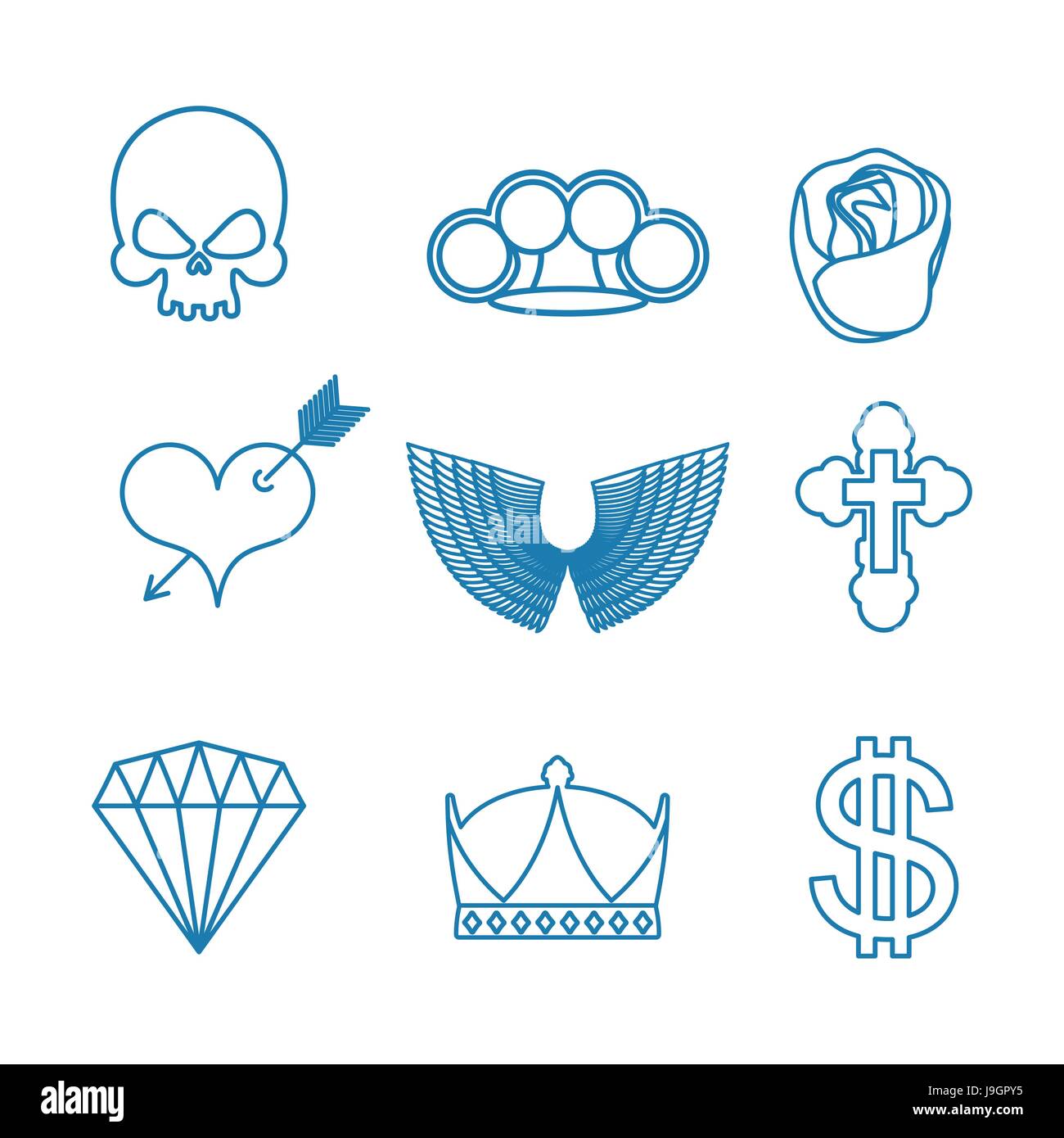 Ensemble de Tattoo style linéaire. Crâne et brass knuckles. Rose et coeur avec une flèche. Ailes et croix. Couronne et dollar. Diamond Illustration de Vecteur