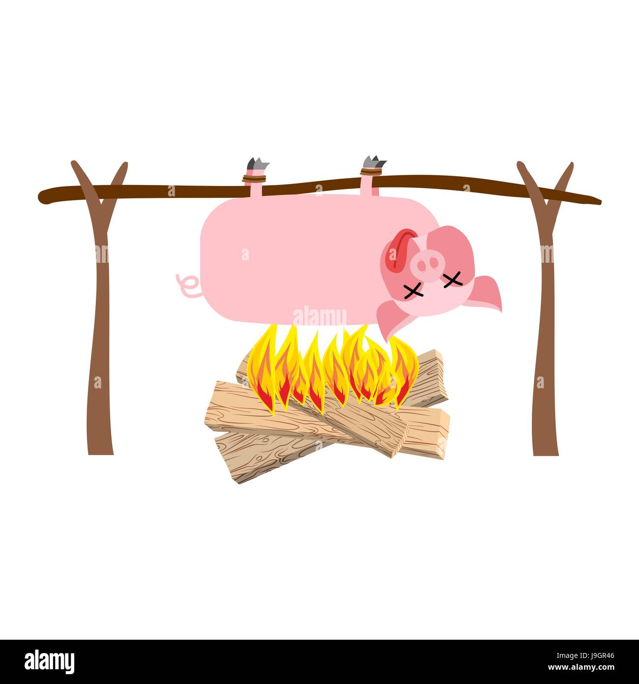 La viande de porc grillé sur spit. La cuisson du porc. Installations pour Barbecue piglet Illustration de Vecteur