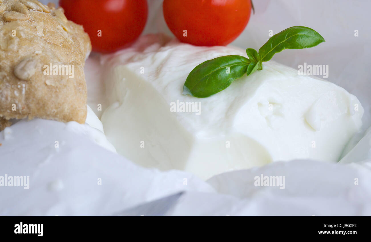 Fromage italien - feuilles de Bâle avec stracchino. Libre de tomates cerises à l'arrière-plan. Banque D'Images