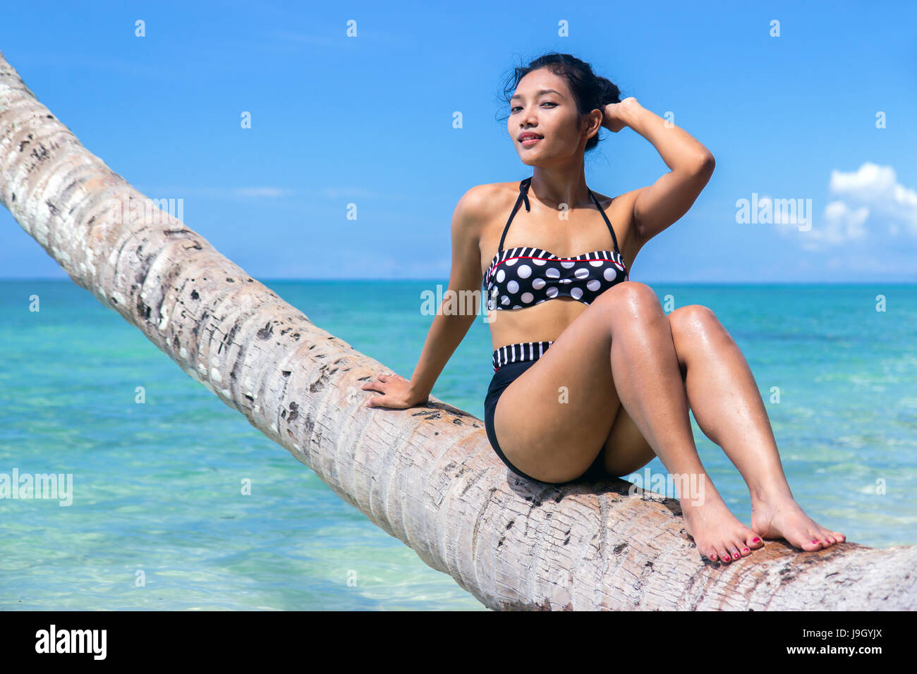 Jolie femme en maillot de bain rétro se trouve sur cocotiers sur mer  transparente. Belle jeune fille asiatique en mode historique robe bain  assis sur tronc Photo Stock - Alamy
