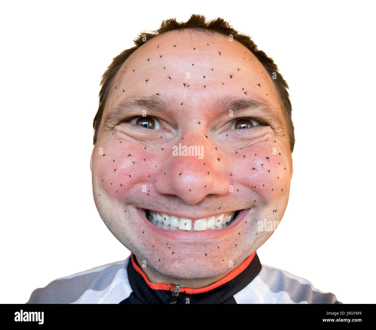 Portrait drôle de motard en sueur de mouches collées sur son visage. Cheerful cyclist close up, isolé sur un fond blanc. Banque D'Images
