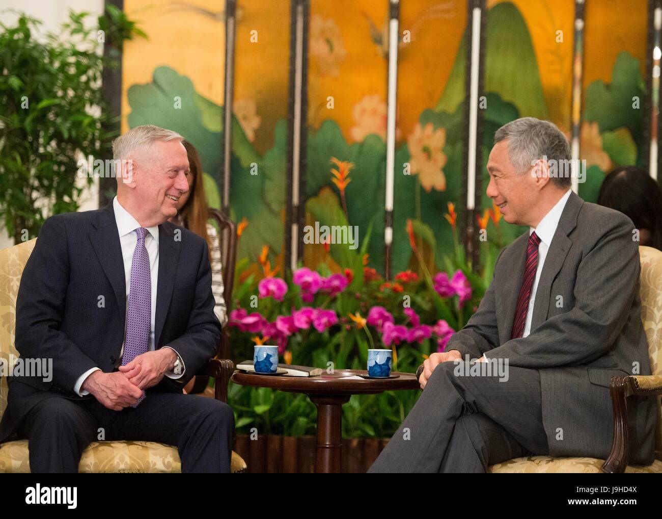 Le secrétaire américain à la défense, Jim Mattis rencontre le Premier Ministre de Singapour Lee Hsien Loong à l'Istana résidence officielle le 2 juin 2017 à Singapour. Mattis est à Singapour pour assister à la Shangri-La Dialogue, un sommet de la défense axée sur l'Asie avec le président de l'état-major général Joseph Dunford. Banque D'Images