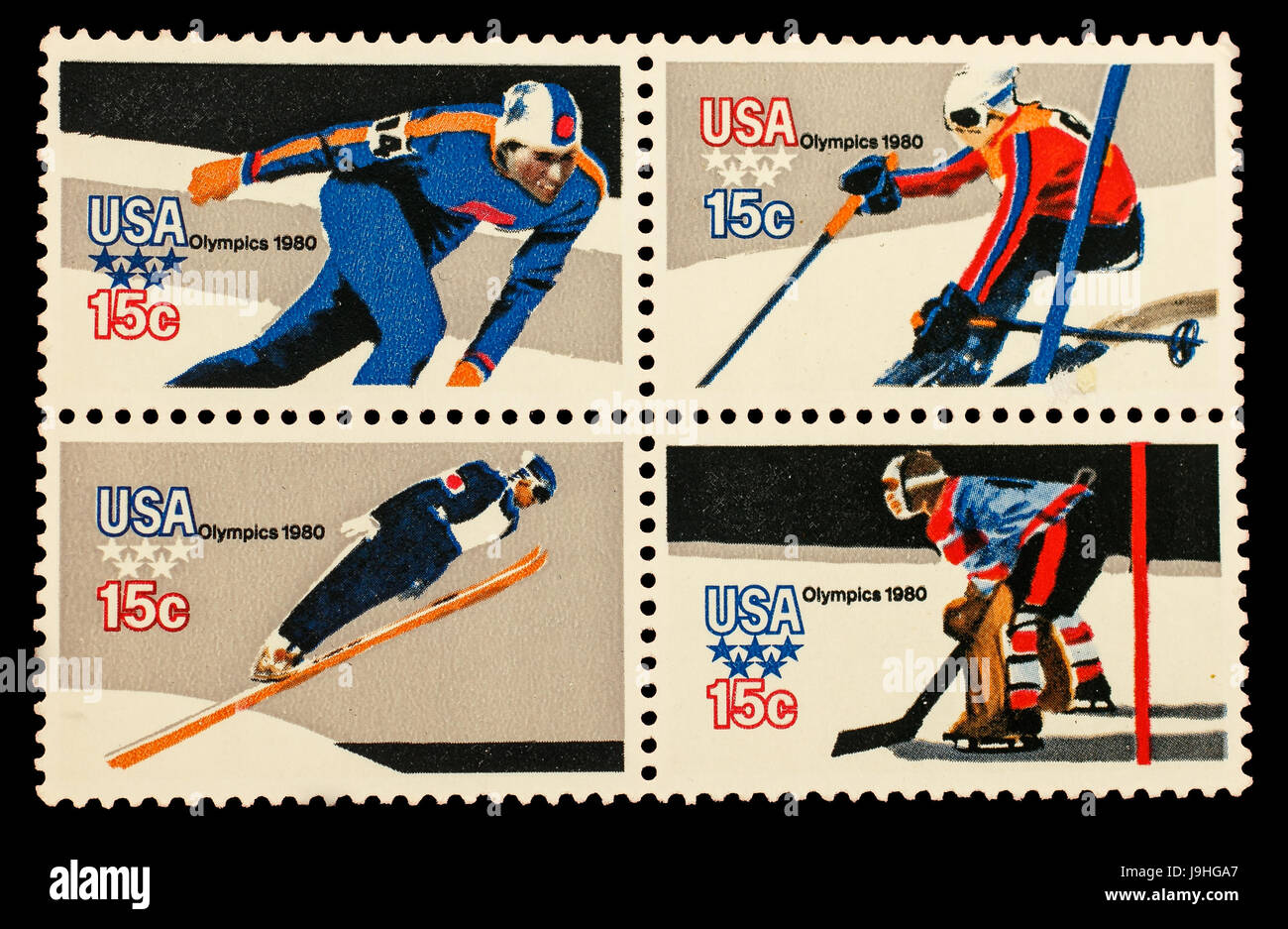 Feuille de quatre timbres de 15 cents américains commémorant les Jeux Olympiques d'hiver de 1980. Banque D'Images