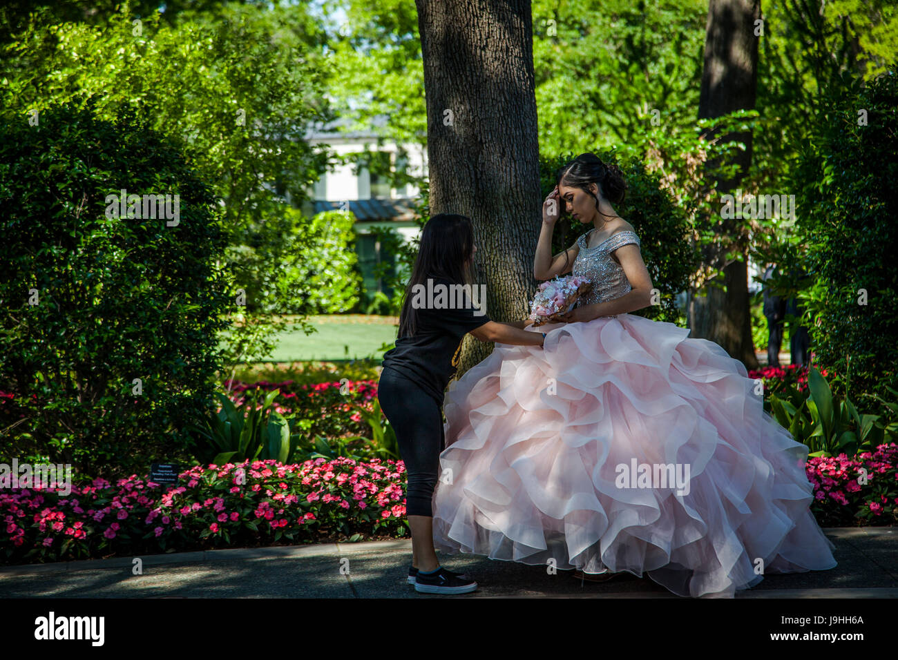 Jeune fille habillé pour la Quinceanera ou le coing, la célébration d'une fille de son quinzième anniversaire à l'Arboretum de Dallas, Texas Banque D'Images