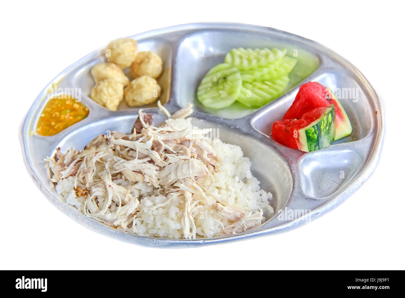 Déjeuner à l'école avec bac d'alimentation locale thaïlandaise sur fond blanc Banque D'Images