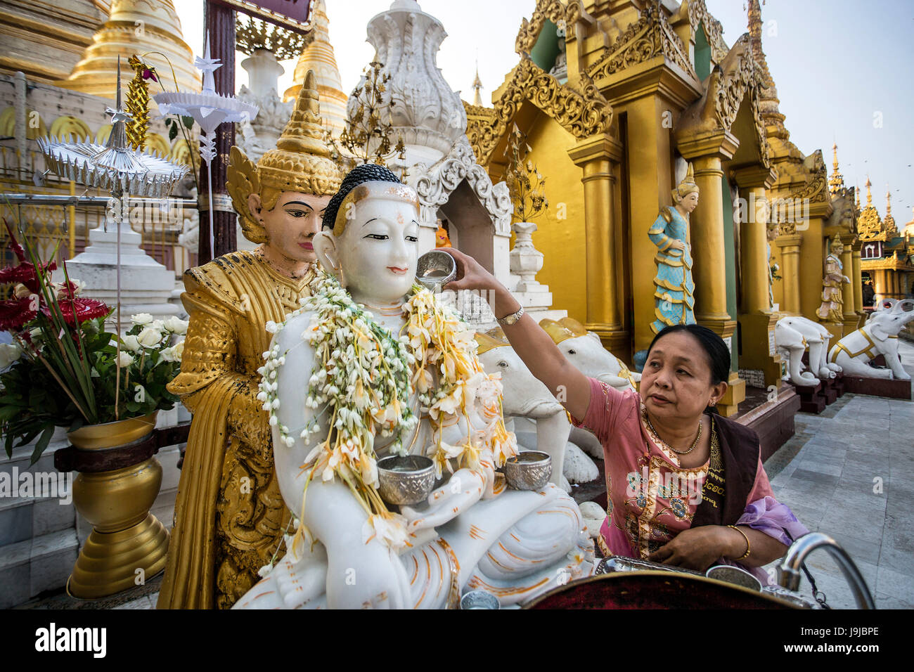 Le Myanmar, Yangon City, Shwedagon Pagoda, priant Banque D'Images