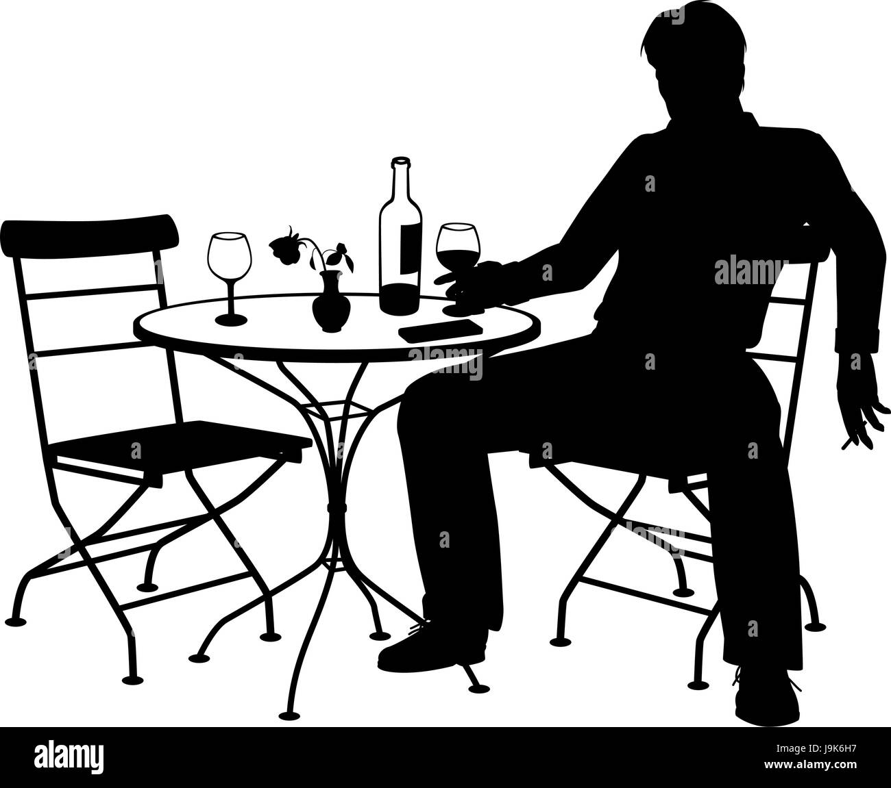 Editable vector silhouette d'un homme boire du vin par lui-même à une table pour deux avec tous les éléments en tant qu'objets séparés Illustration de Vecteur