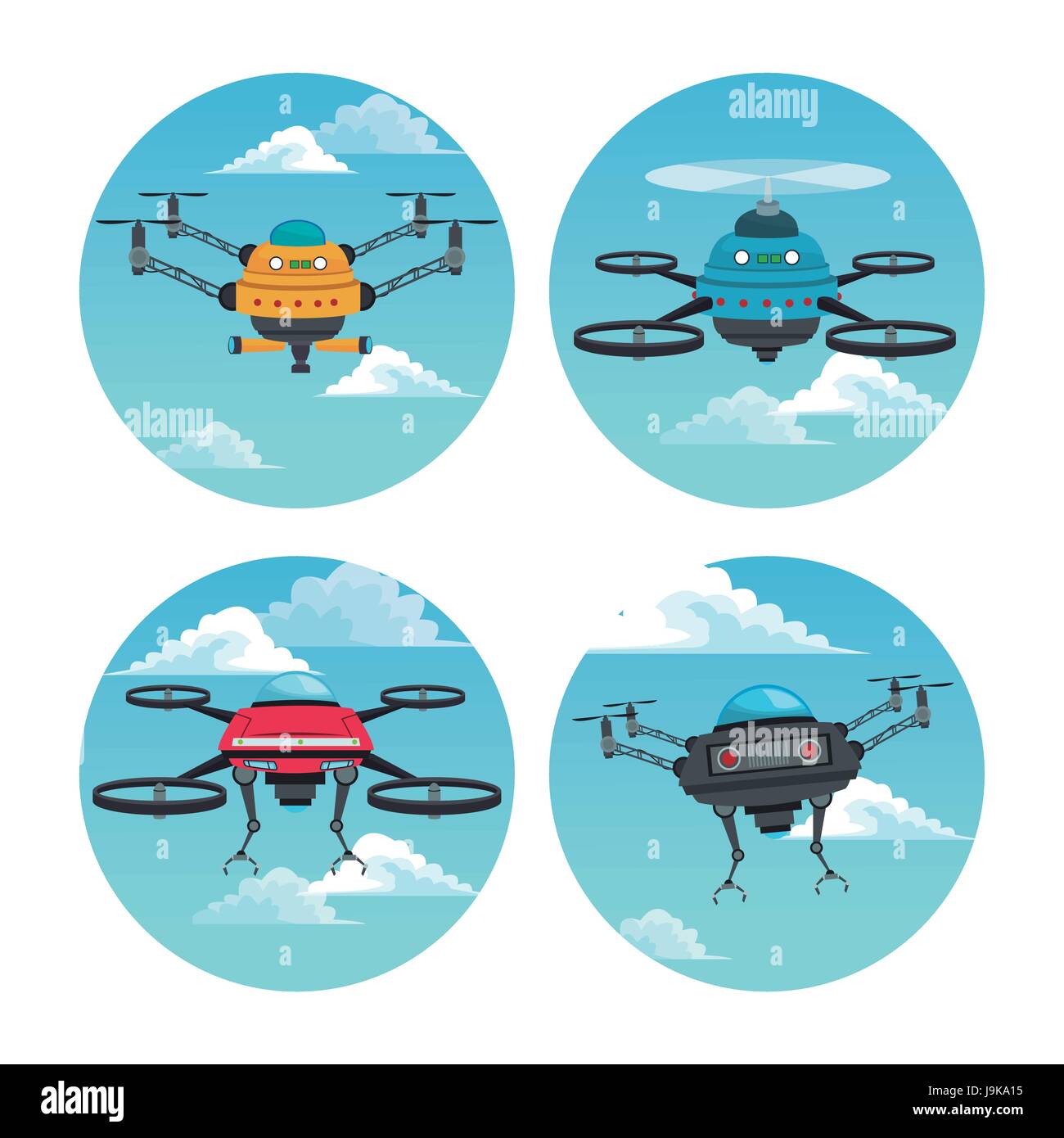 Définir le cadre circulaire avec sky landscape scene et robot drone avec hélice Illustration de Vecteur