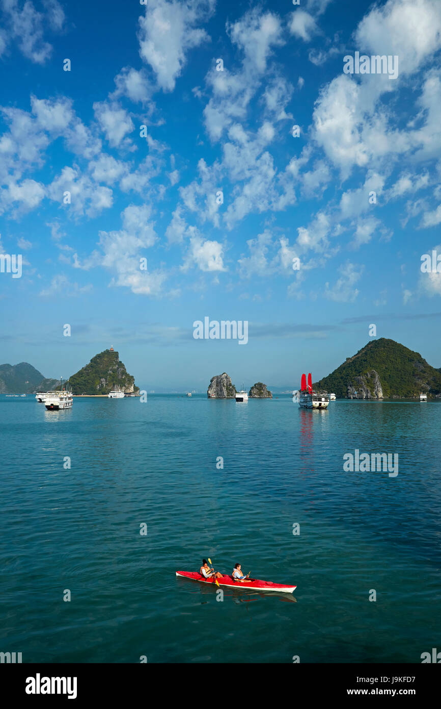 Kayaks, bateaux de croisière, et le calcaire karst, Ha Long Bay (site du patrimoine mondial de l'Unesco ), Province de Quang Ninh, Vietnam Banque D'Images