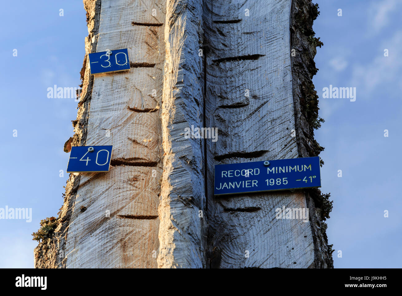 France, Doubs, parc naturel régional du Haut-Jura (montagnes du Jura Parc Naturel Régional), Mouthe, thermomètre en bois géant montrant froid record Banque D'Images