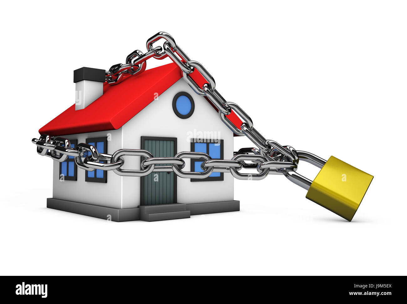 Concept de sécurité de la chambre avec une icône d'accueil modèle verrouillé avec chaîne et cadenas 3D illustration isolé sur fond blanc. Banque D'Images