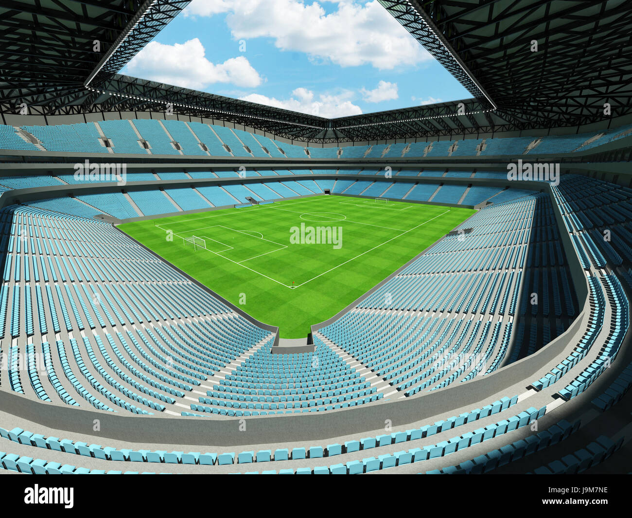 Stade de football moderne bleu ciel avec sièges pour cinquante mille fans - 3D render Banque D'Images