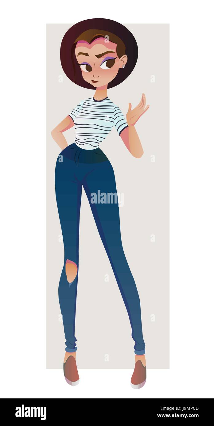 Vecteur numérique, fashion girl personnage pour l'infographie avec un chapeau, pensée, style pantalon bleu télévision Illustration de Vecteur