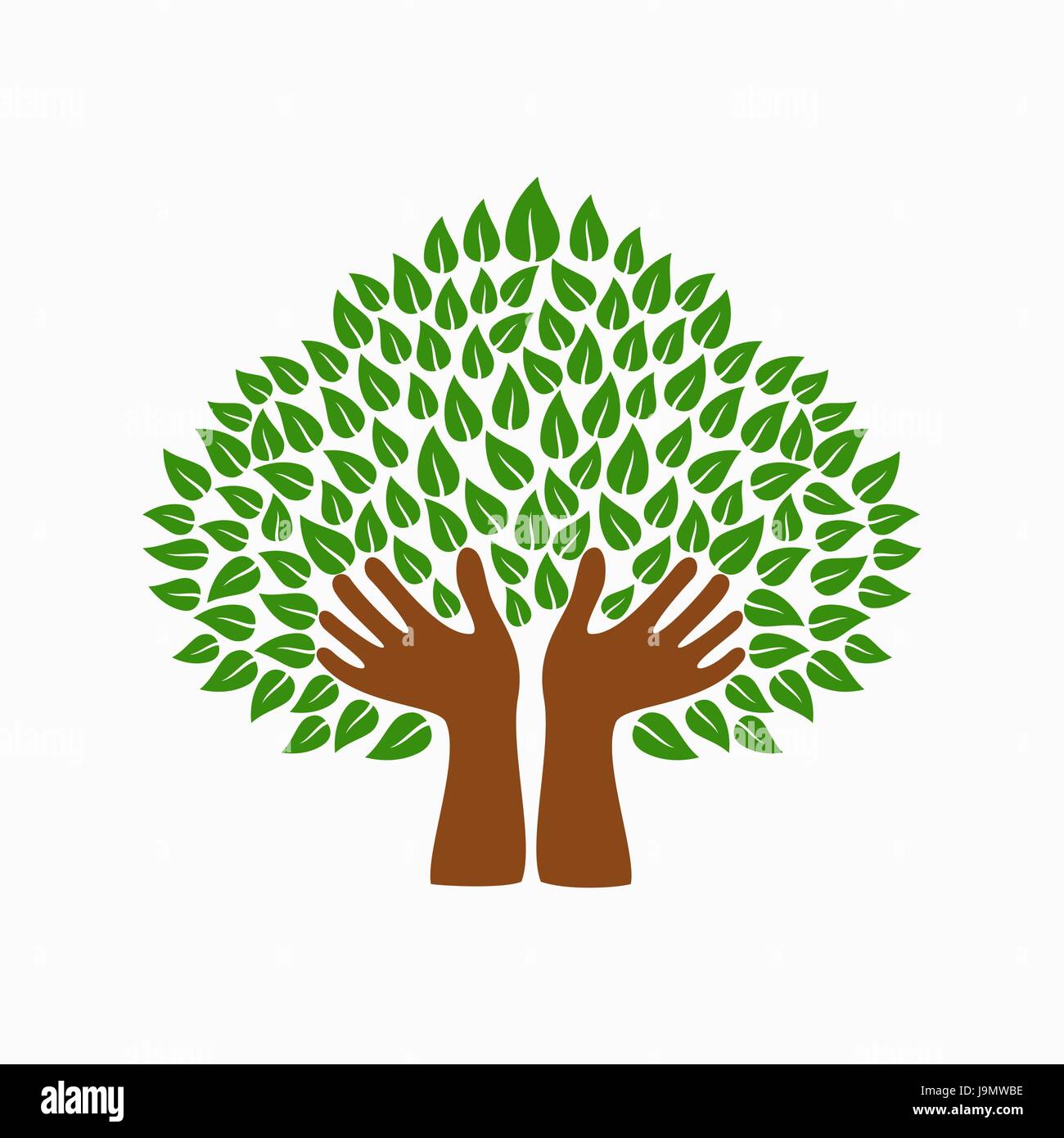 Symbole de l'arbre avec des mains et des feuilles vertes. Concept illustration pour aider à l'organisation du projet, l'environnement ou de travail social. Vecteur EPS10. Illustration de Vecteur