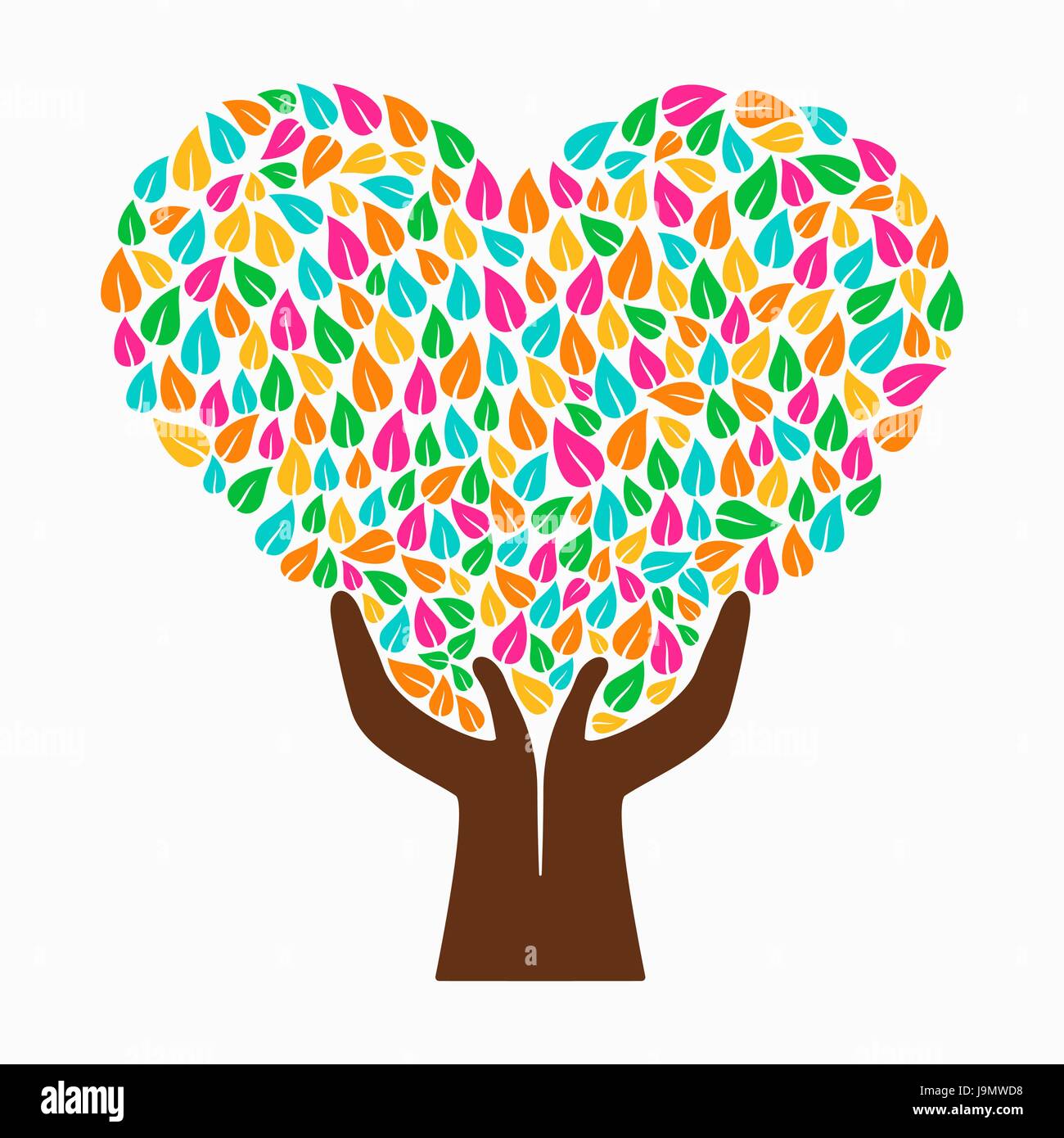 Symbole de l'arbre d'amour avec des mains et les feuilles multicolores. Concept illustration pour aider à l'organisation du projet, l'environnement ou de travail social. Vecteur EPS10. Illustration de Vecteur