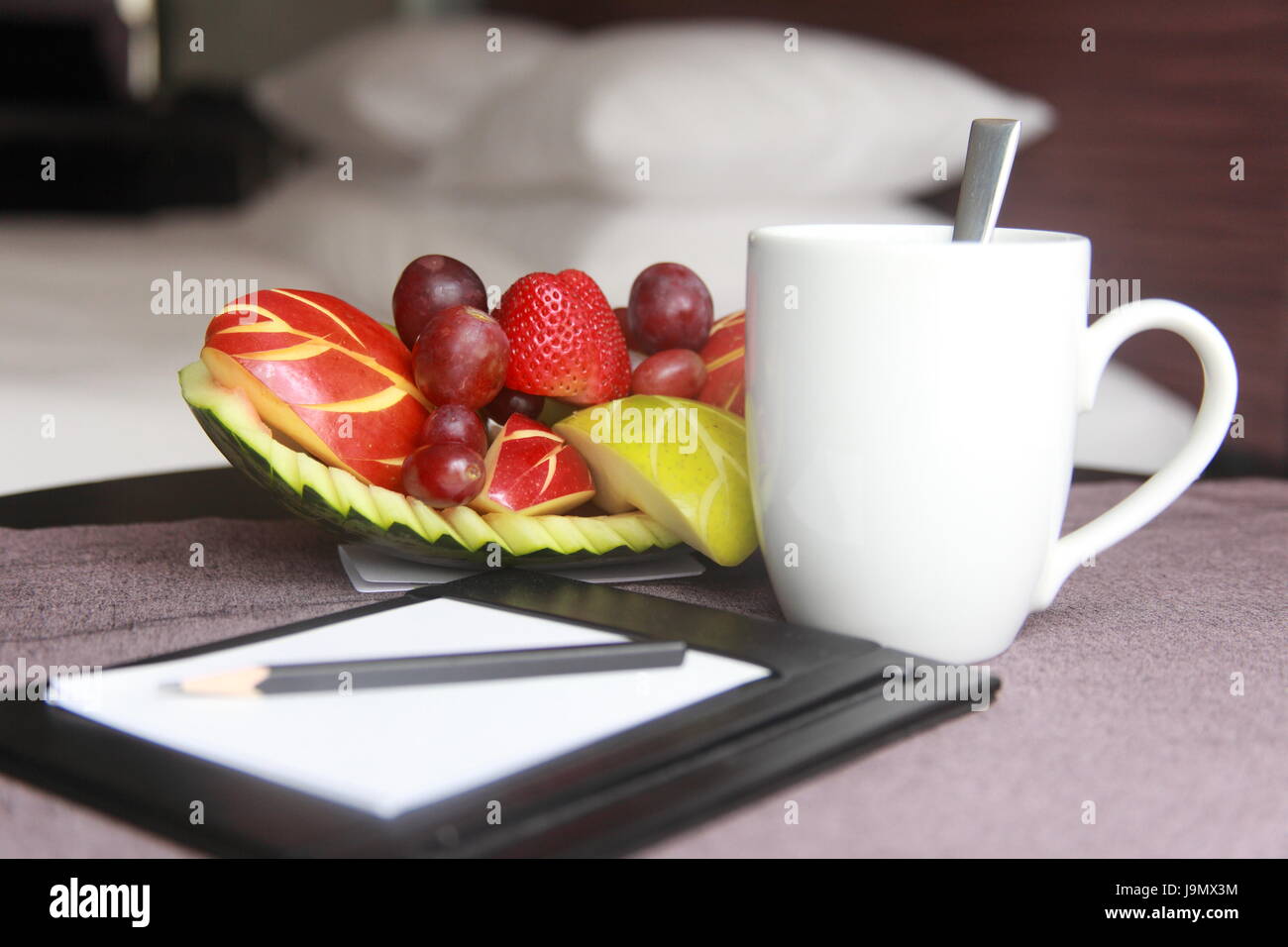 Scratchpad, thé, fruits, descendances, fruits, chambre d'hôtel, café, tasse, scratchpad, Banque D'Images