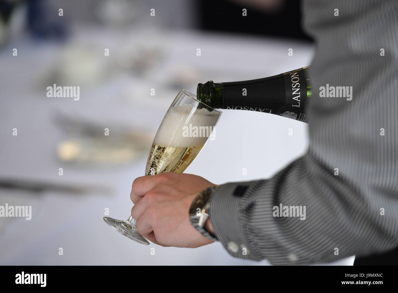 Close up of man pouring Champagne Lanson Banque D'Images