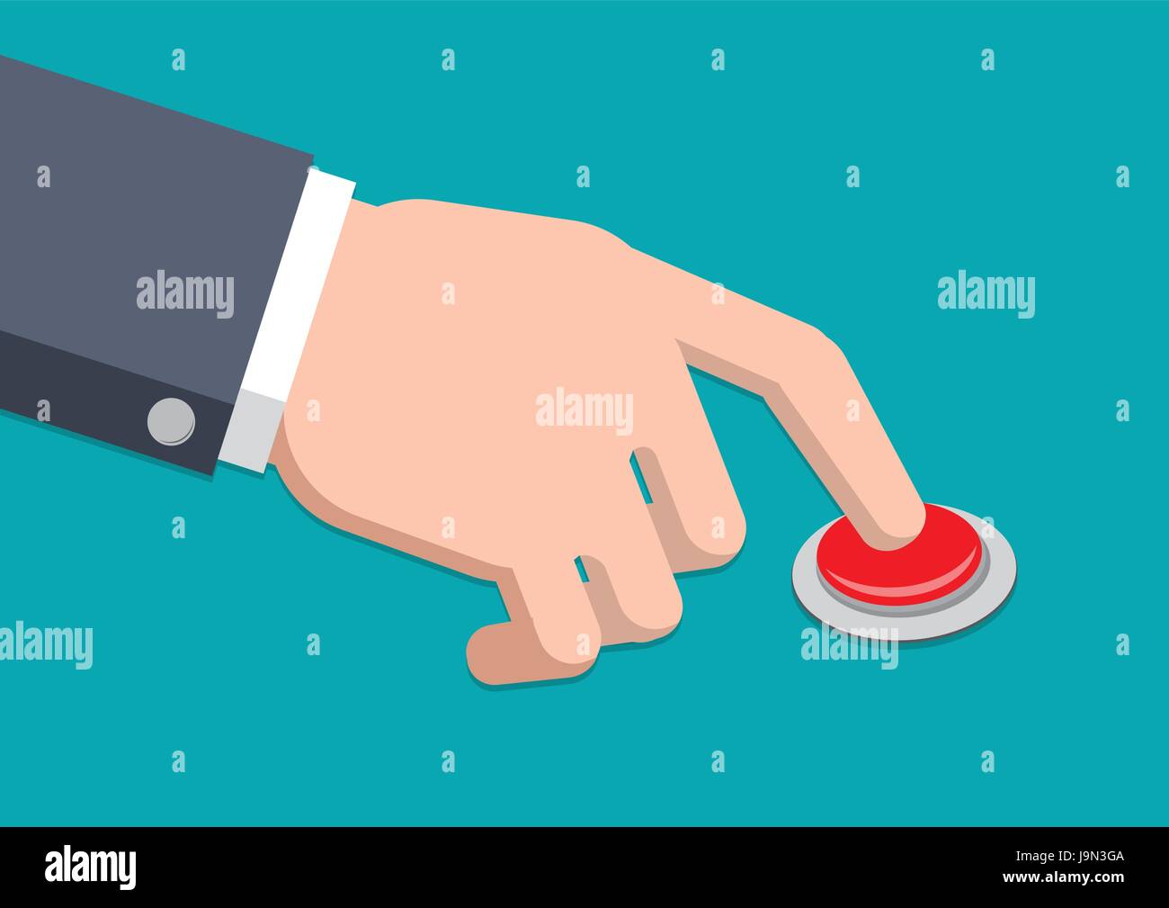 Une main dans un costume bouton rouge, style design plat isolé sur fond bleu. vector illustration. Illustration de Vecteur