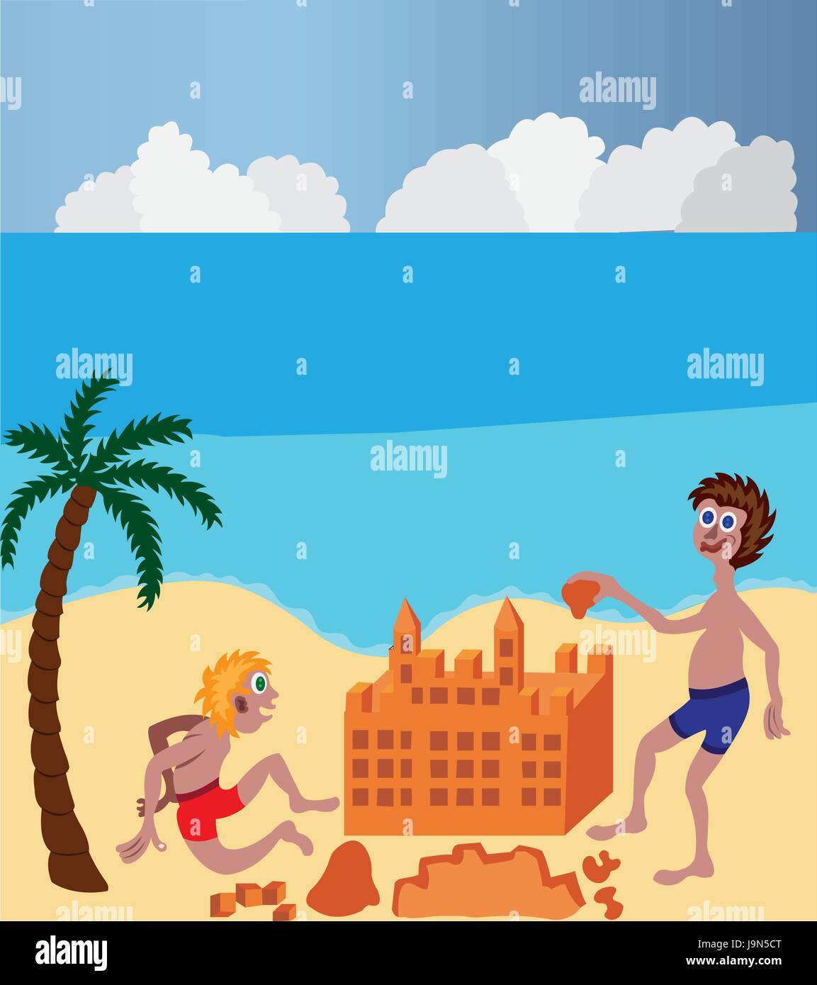 Les enfants sur une plage, la construction d'un château de sable, Illustration de Vecteur