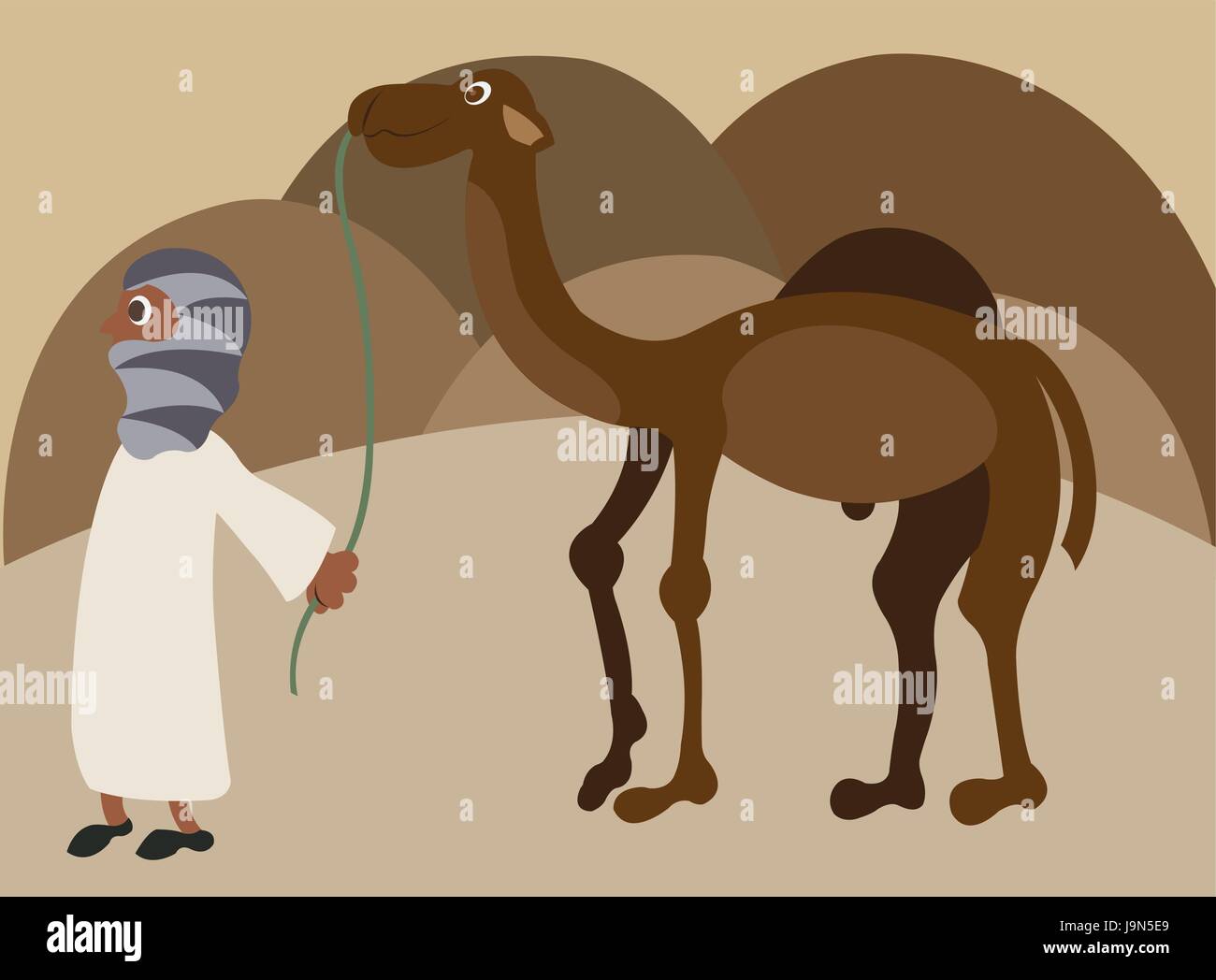 Un éleveur touareg marcher avec son chameau dans le désert Illustration de Vecteur
