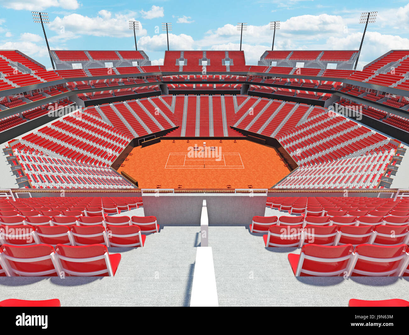 3D render of belle terre battue tennis moderne stade avec des chaises rouges Banque D'Images