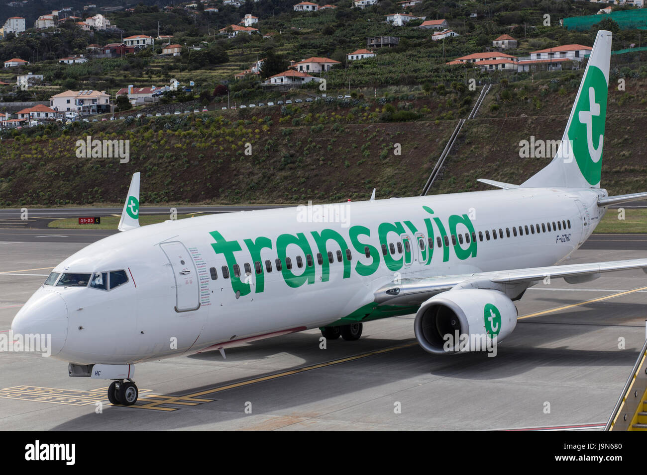 Transavia Boeing 737-8K2--ing sur le tarmac à l'aéroport de Madère, près de Fuchal, récemment rebaptisé Christiano Ronaldo International Airport Banque D'Images