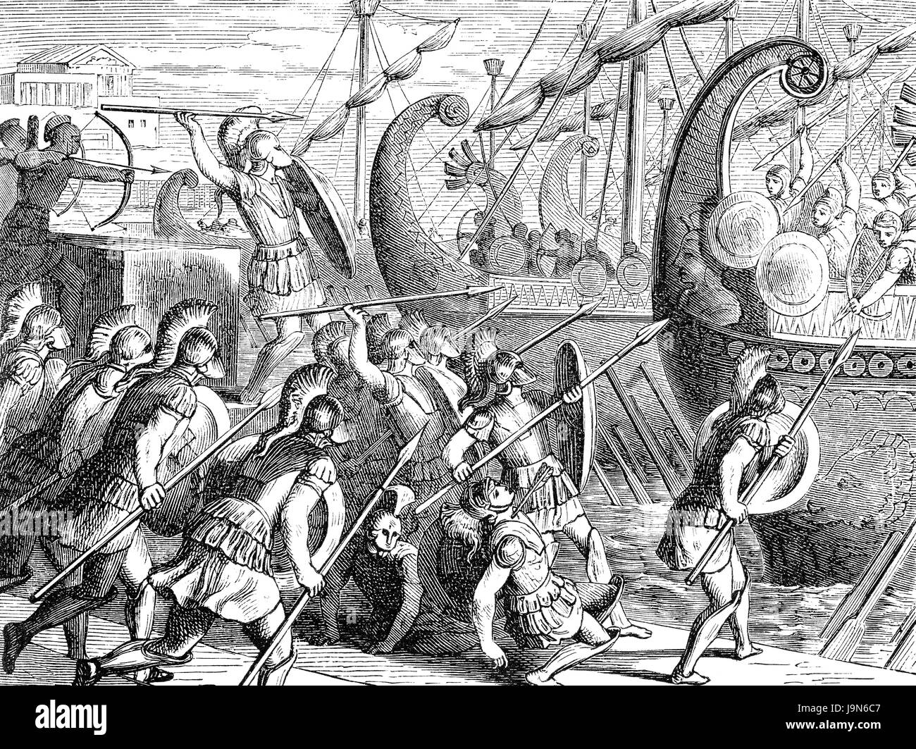 Brasidas, un officier Spartan, defendering le port de Methone ou Methoni, tandis que la flotte athénienne à attaquer, guerre du Péloponnèse Banque D'Images