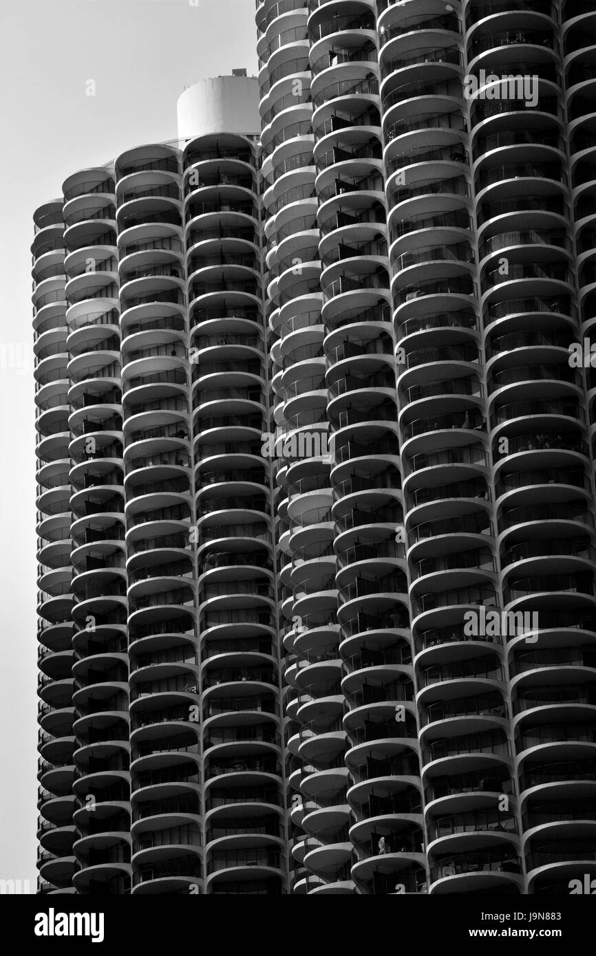 Le Marina City Towers sur le fleuve de Chicago sont un établissement emblématique sur le côté nord près de quartier Gold Coast Banque D'Images