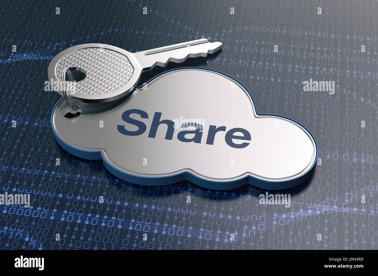 Un nuage avec une clé et texte : partager, concept de l'ordinateur, réseau, web (3d render) Banque D'Images