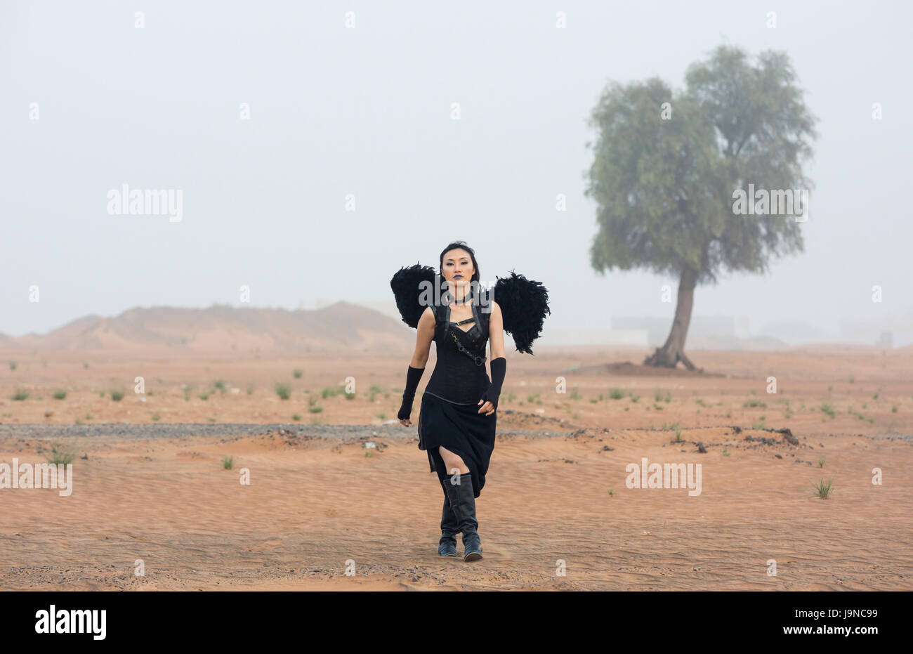 Femme portant de noir et d'ailes d'ange dans un désert Banque D'Images