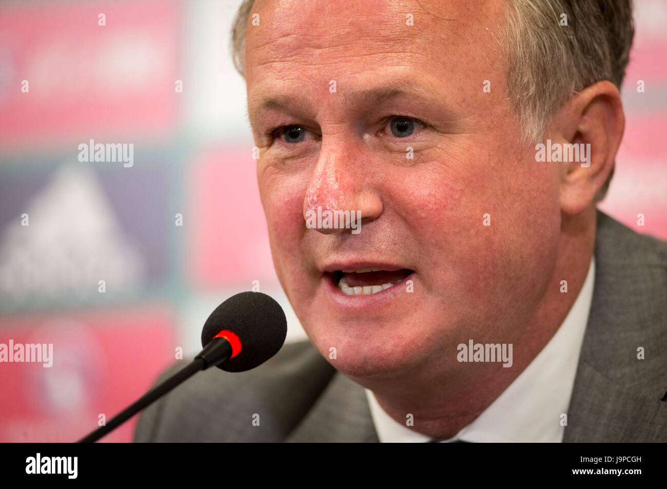 L'Irlande du manager Michael O'Neill lors d'une conférence de presse après le match amical à Windsor Park, Belfast. Banque D'Images