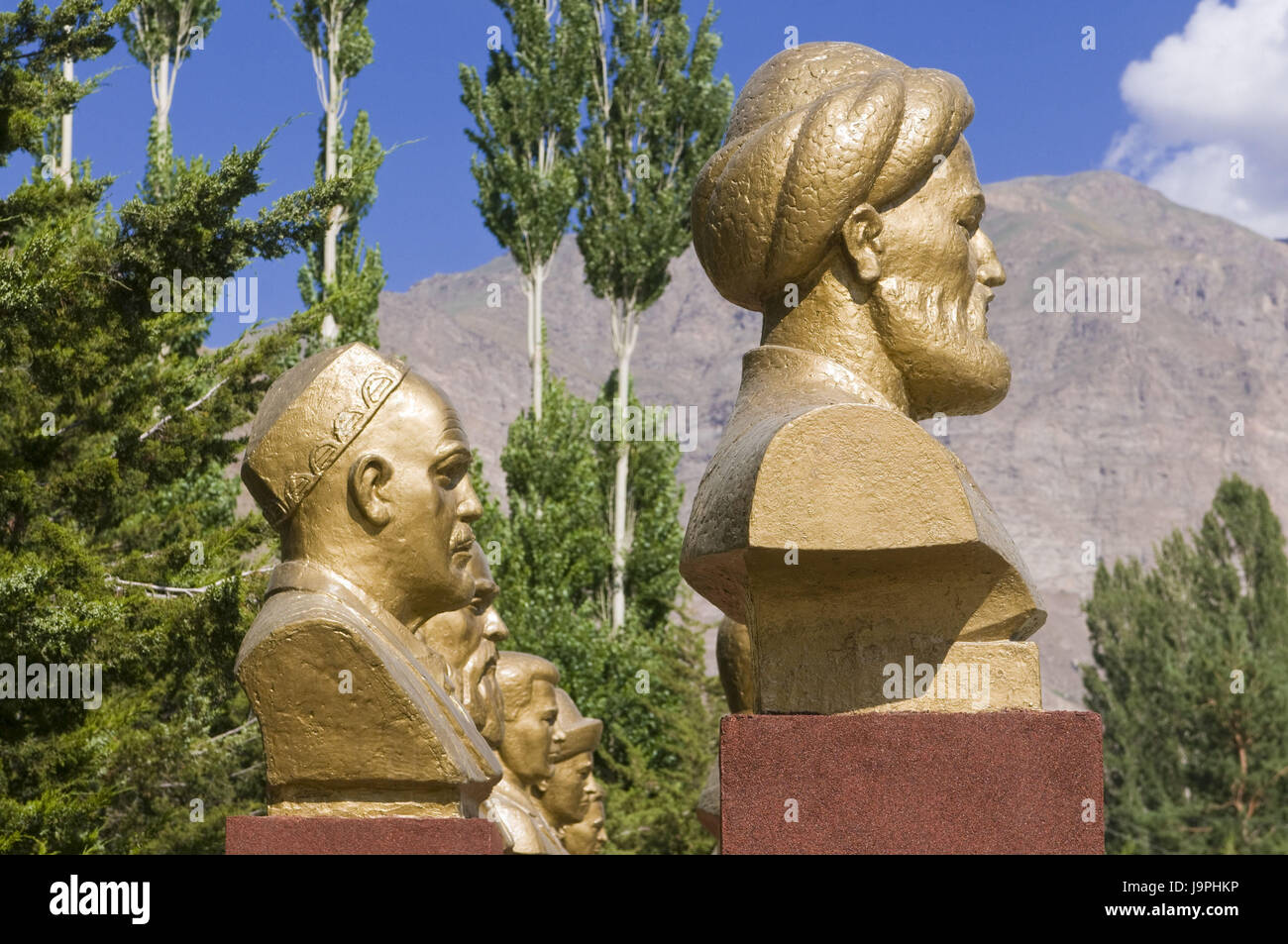 Bustes d'hommes célèbres d'or,la,Khorog au Tadjikistan, Pamir, Banque D'Images