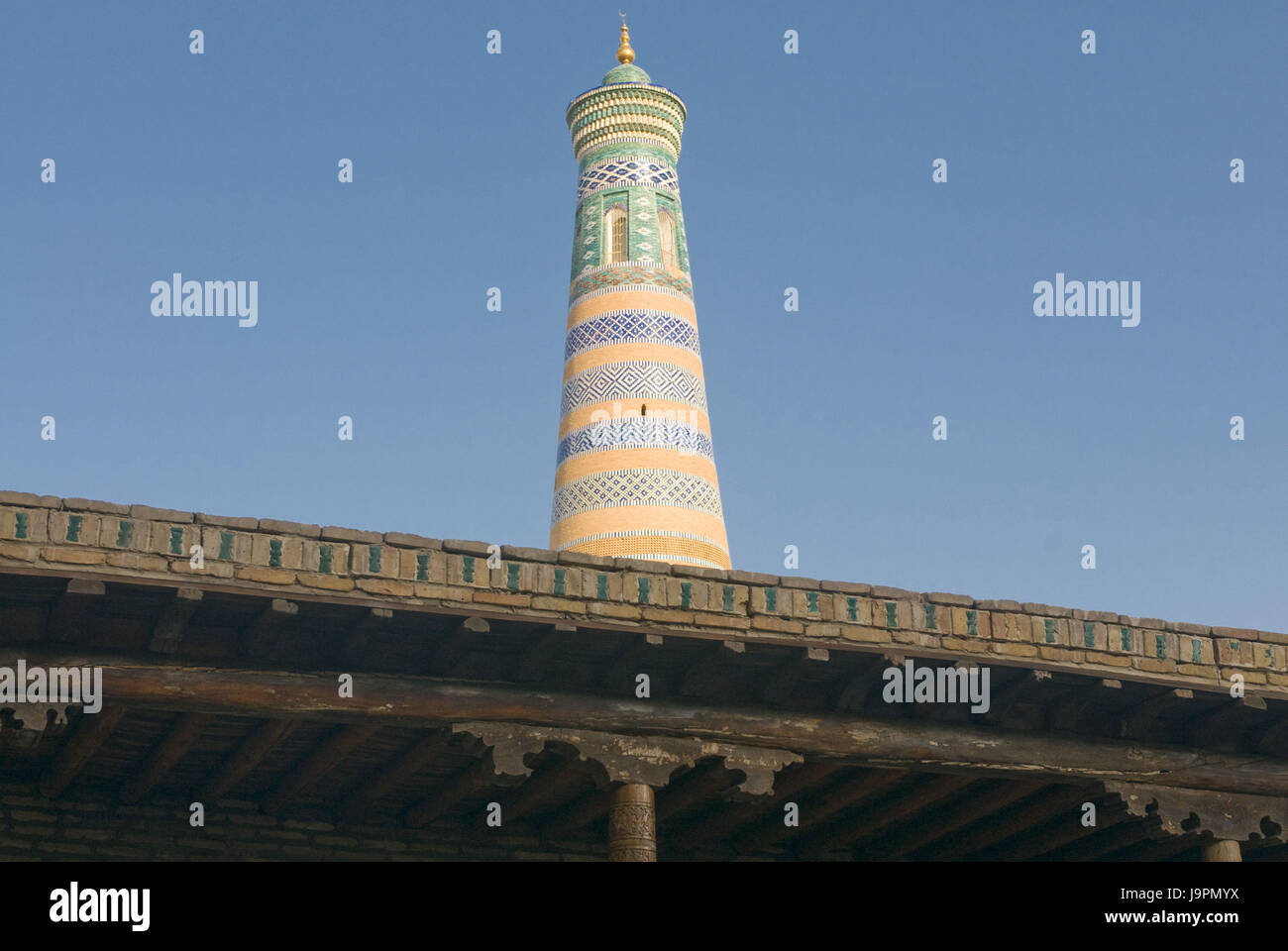 Minaret dans la forteresse Ichon-Qala,Khiva Ouzbékistan,, Banque D'Images