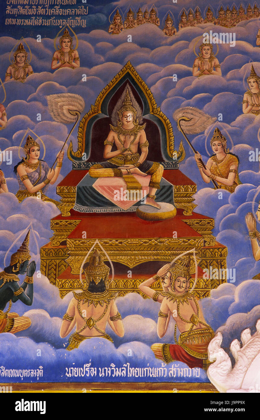 Thaïlande, Chiang Mai,,Wat Haripunchai Lamphun,temple,peinture murale,détail,Asia,Nordthailand,destination,endroit d'intérêt,la foi,la religion,le bouddhisme,mur,Peinture,art,art sacré du saint,photo,saints,Police de caractère,Bouddha, Banque D'Images