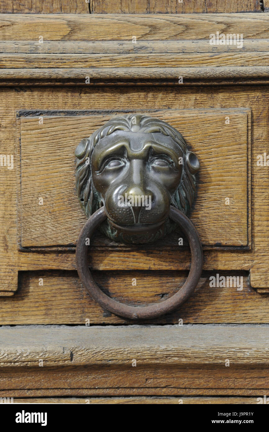 Porte en bois metal,accessoires, tête de lion,historiquement,détail, Banque D'Images