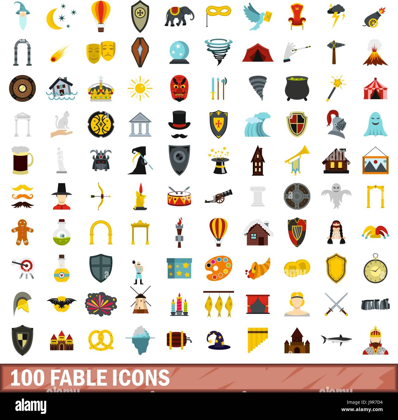 Fable 100 icons set, style plat Illustration de Vecteur