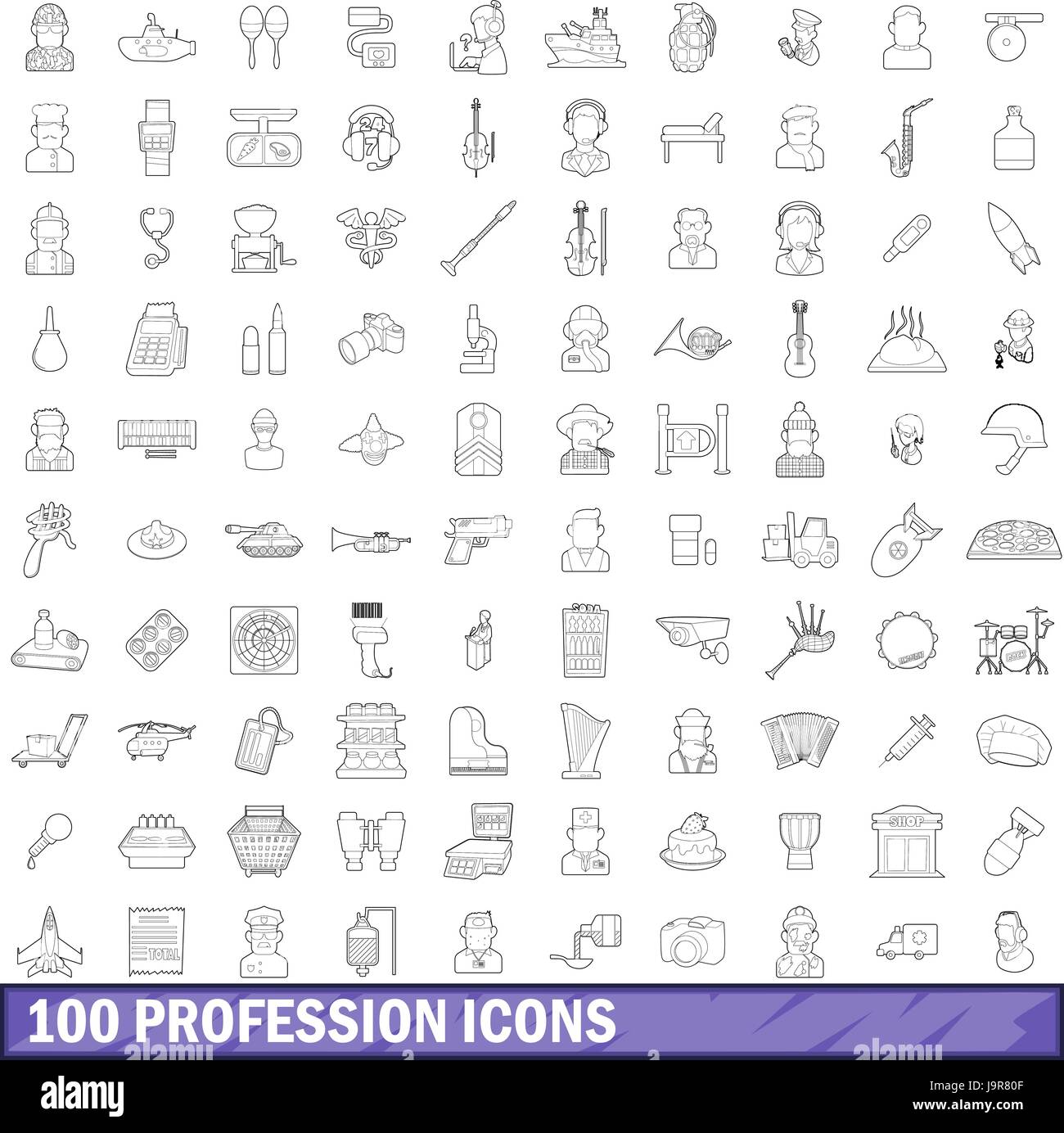 100 profession icons set style du contour, Illustration de Vecteur