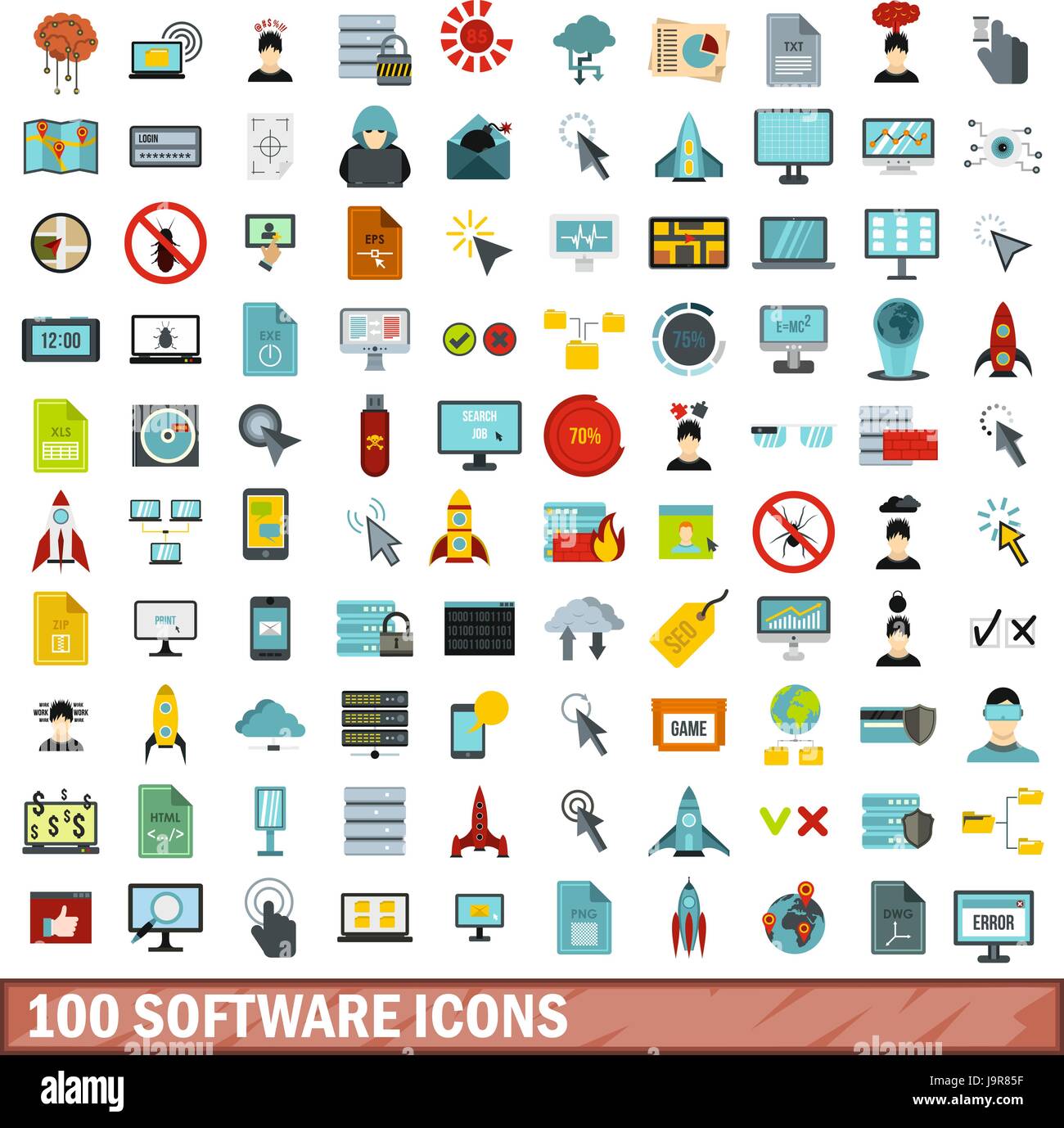 100 icônes de logiciels, style plat Image Vectorielle Stock - Alamy