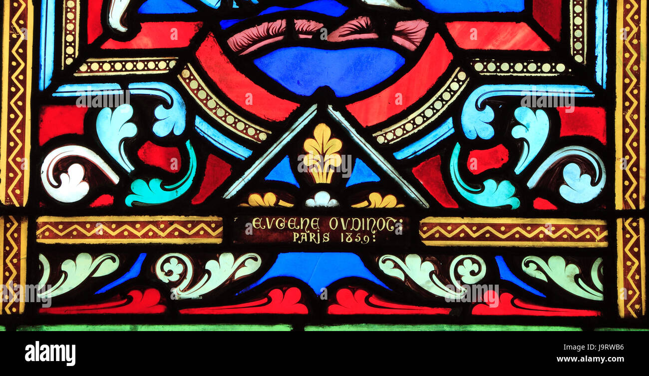 Eugène Oudinot, 1859, Paris, nom sur vitrail, église Feltwell, Norfolk, Engand, UK, designer, artiste, verrier, fenêtre Bon Samaritain Banque D'Images