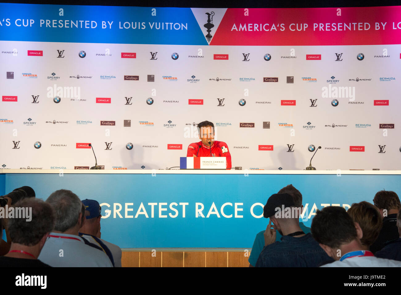 America's Cup Village, les Bermudes. 3e juin 2017. Franck Cammas lors de la conférence de presse de clôture pour l'America's Cup un qualificatif. L'équipe Groupama France terminé la régate au bas des points et sont donc éliminés. Banque D'Images